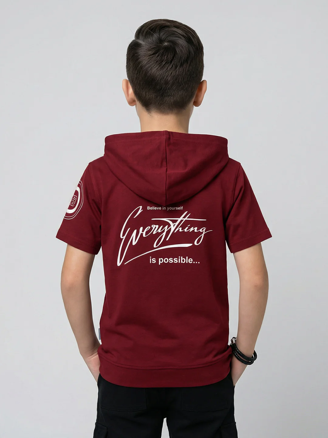Boys Maroon Printed Hooded Half Sleeve T-Shirt - Image 4