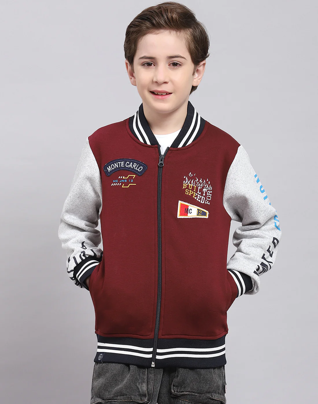 Boys Maroon Printed Mandarin Collar Full Sleeve Sweatshirt - Image 2