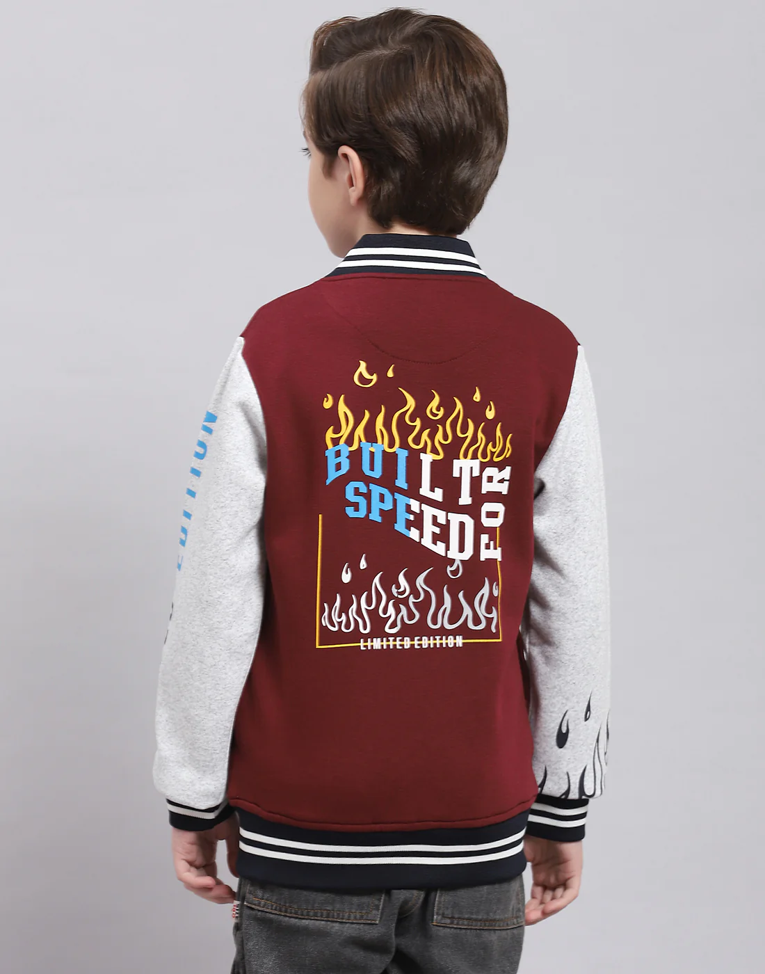 Boys Maroon Printed Mandarin Collar Full Sleeve Sweatshirt - Image 6