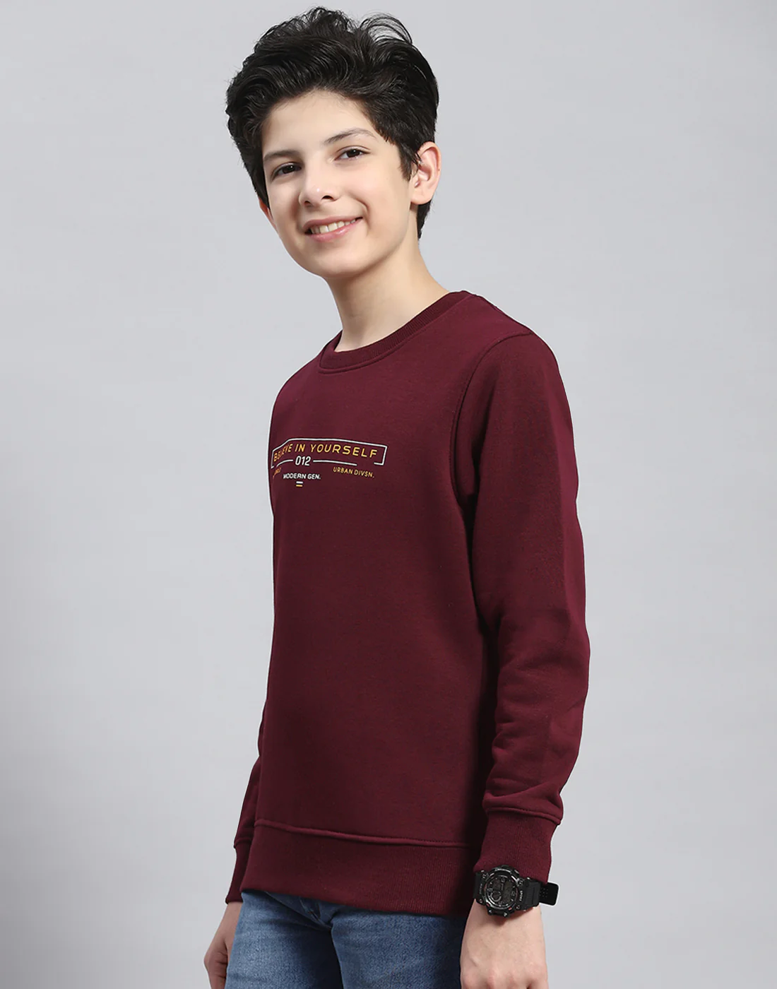 Boys Maroon Printed Round Neck Full Sleeve Sweatshirt - Image 3