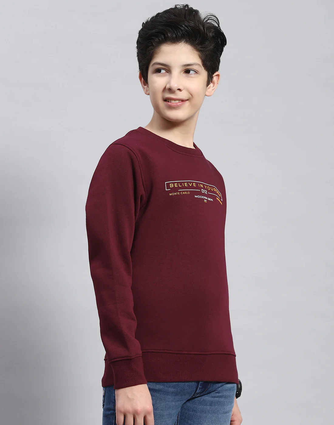 Boys Maroon Printed Round Neck Full Sleeve Sweatshirt - Image 4