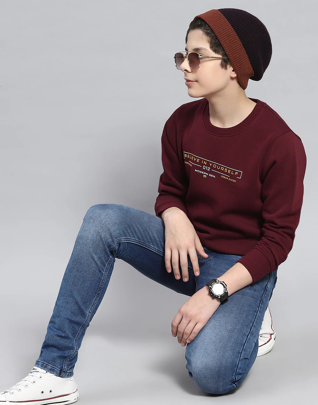 Boys Maroon Printed Round Neck Full Sleeve Sweatshirt - Image 6