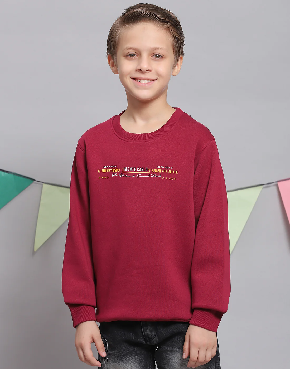 Boys Maroon Printed Round Neck Full Sleeve Sweatshirt - Image 3