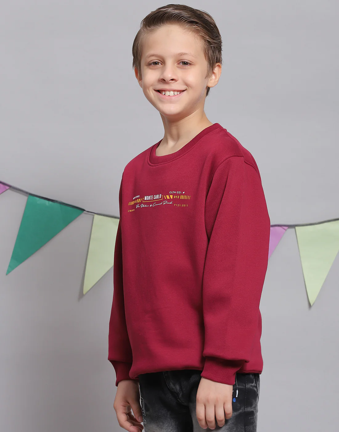 Boys Maroon Printed Round Neck Full Sleeve Sweatshirt - Image 4