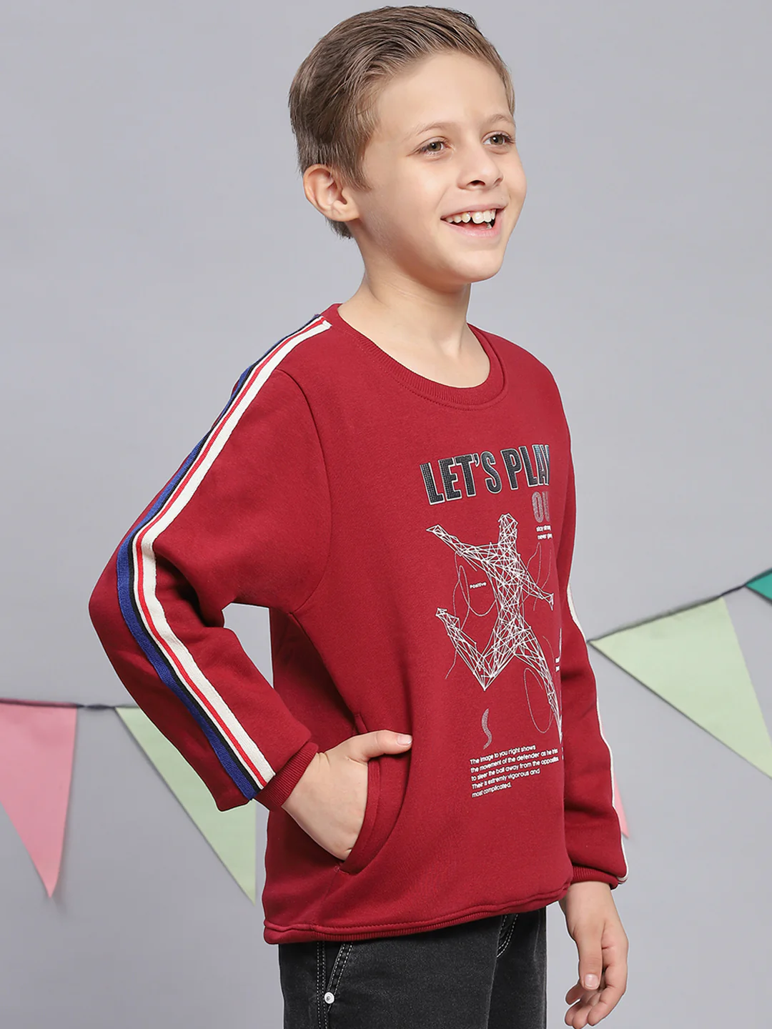 Boys Maroon Printed Round Neck Full Sleeve Sweatshirt - Image 4