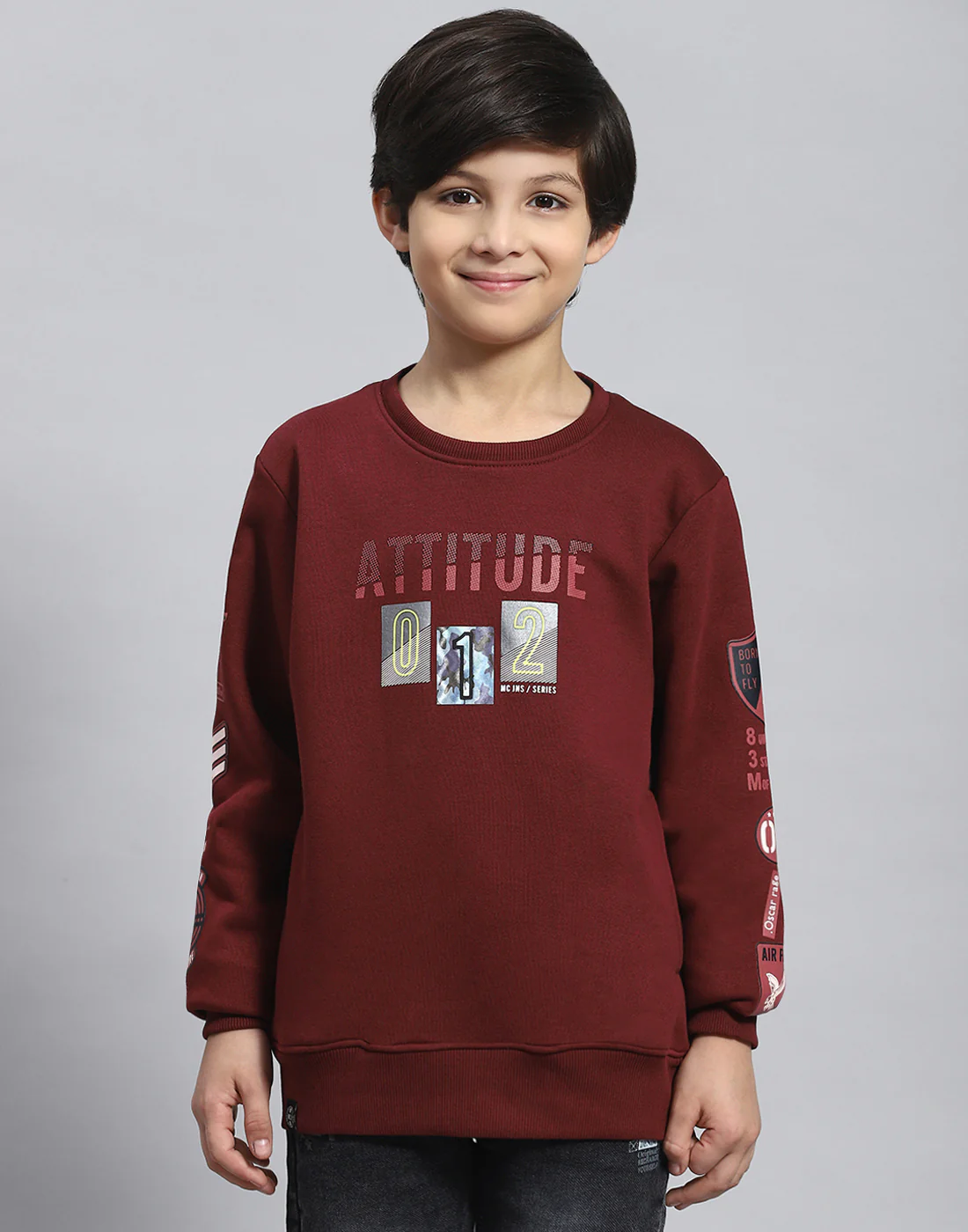 Boys Maroon Printed Round Neck Full Sleeve Sweatshirt - Image 2