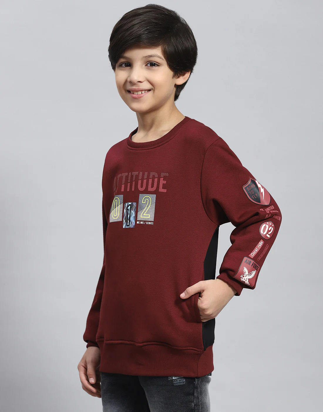 Boys Maroon Printed Round Neck Full Sleeve Sweatshirt - Image 3