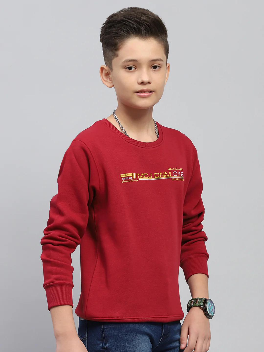 Boys Maroon Printed Round Neck Full Sleeve Sweatshirt - Image 4
