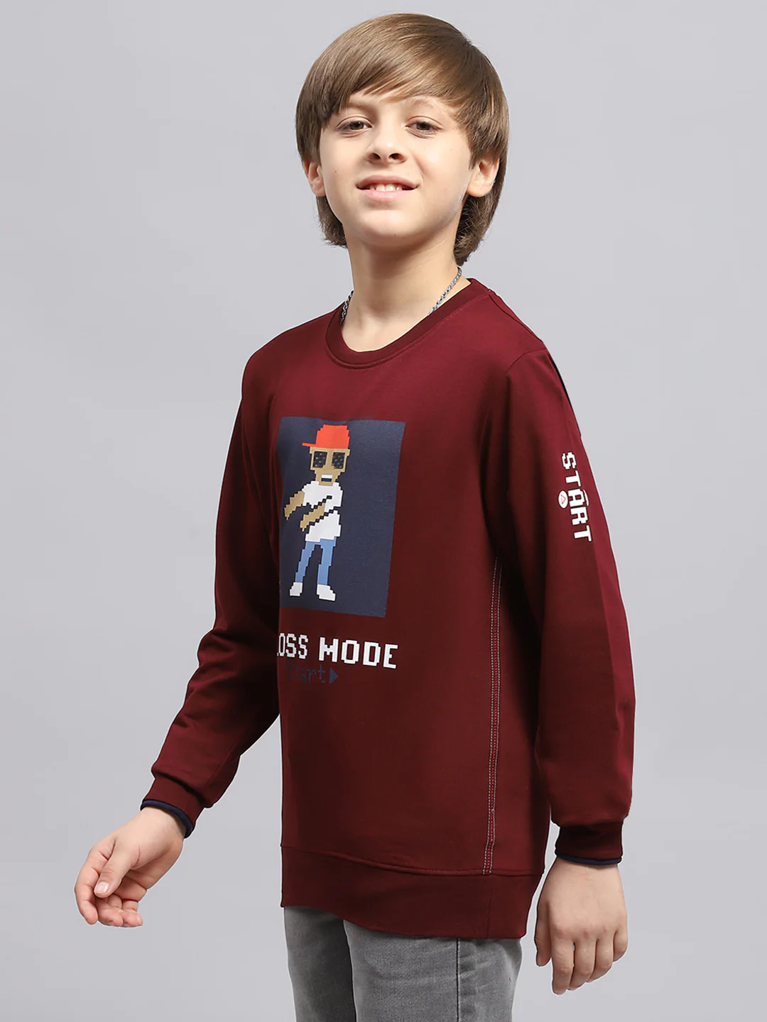 Boys Maroon Printed Round Neck Full Sleeve Sweatshirt - Image 3