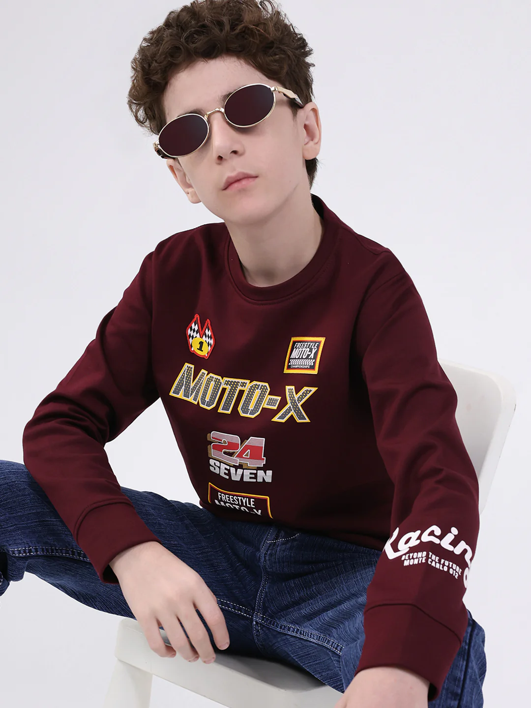 Boys Maroon Printed Round Neck Full Sleeve Sweatshirt - Image 6