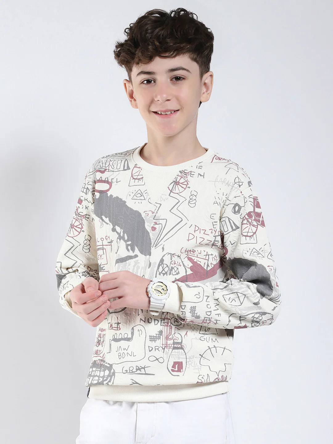 Boys Maroon Printed Round Neck Full Sleeve Sweatshirt - Image 3