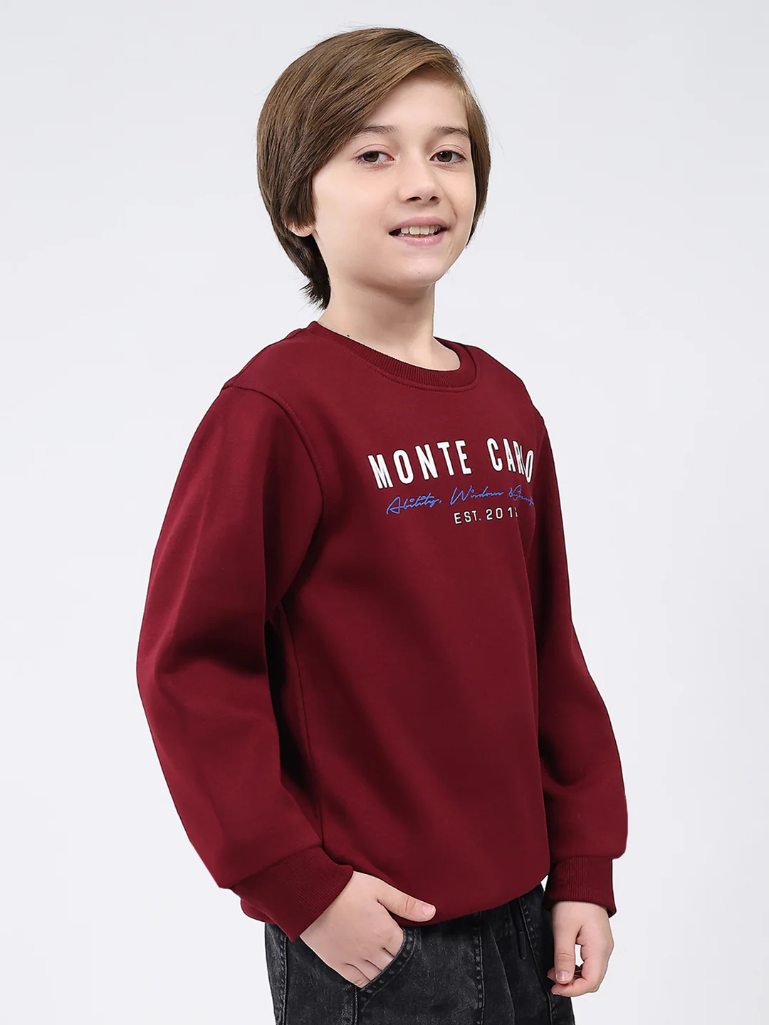 Boys Maroon Printed Round Neck Full Sleeve Sweatshirt - Image 4