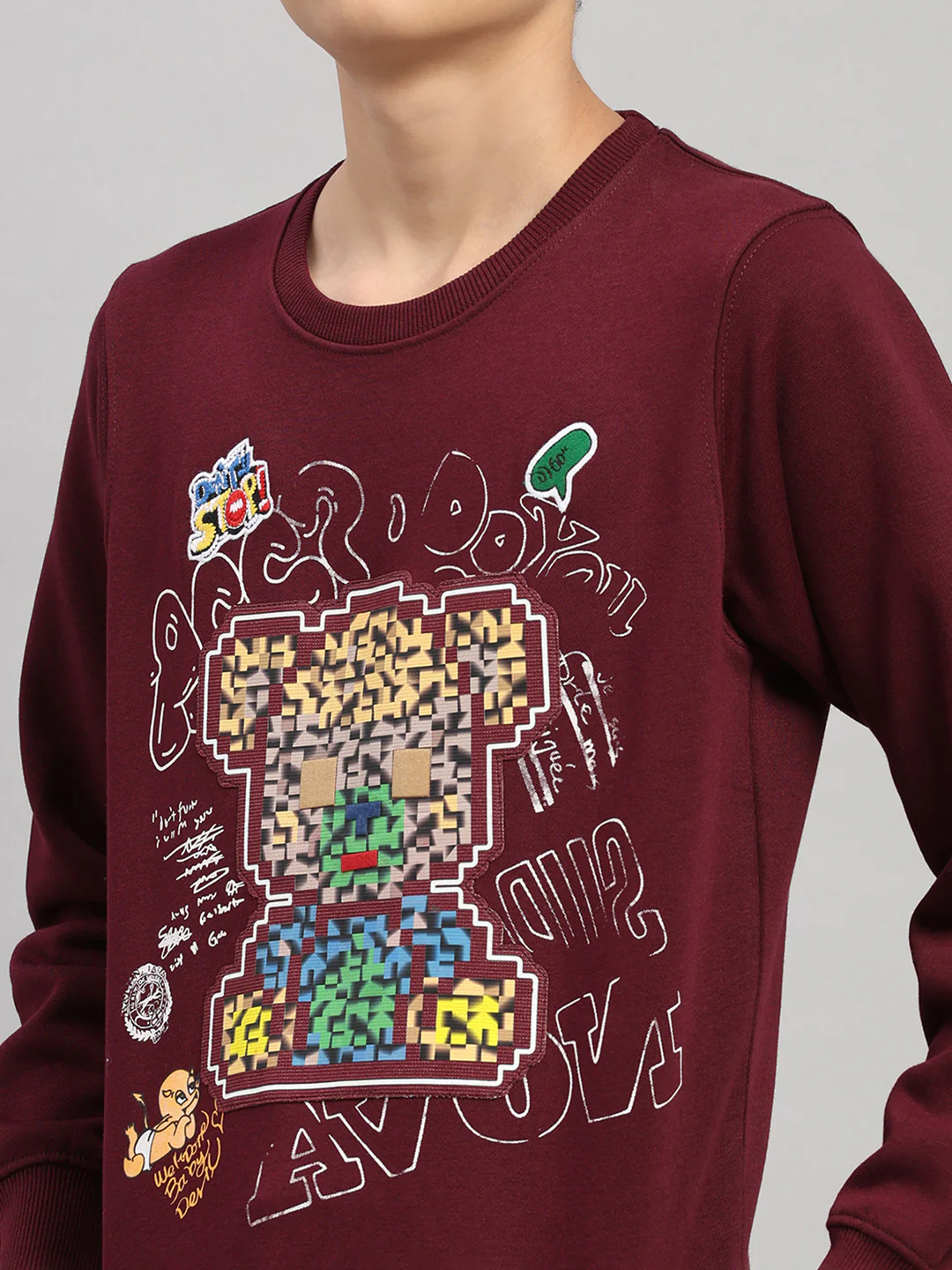 Boys Maroon Printed Round Neck Full Sleeve Sweatshirt - Image 6