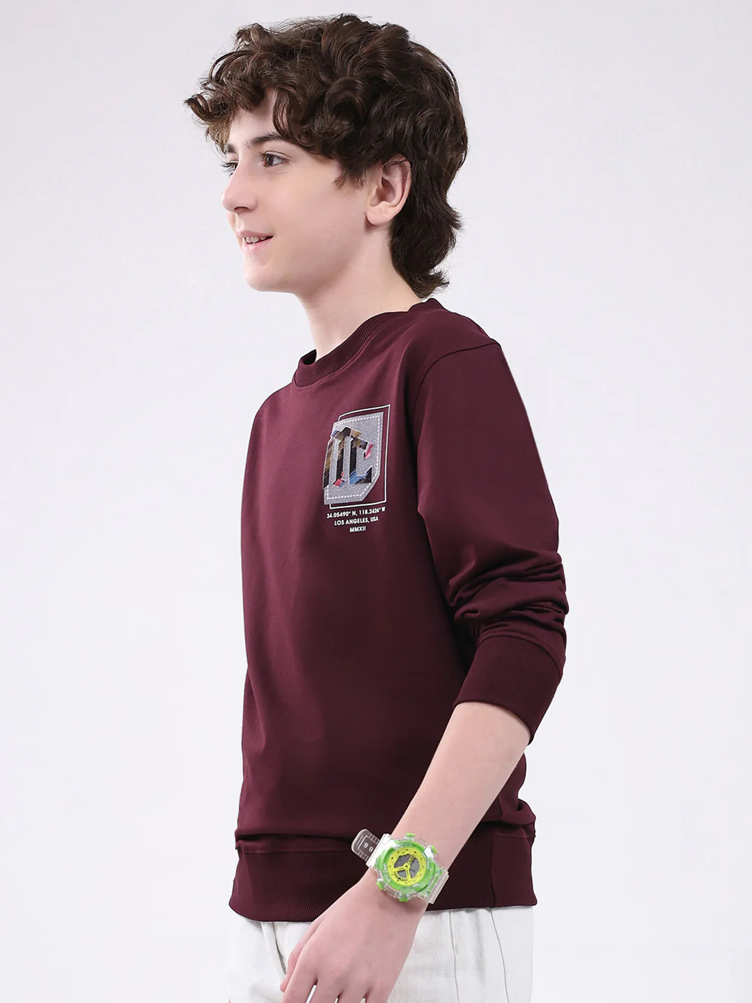 Boys Maroon Printed Round Neck Full Sleeve Winter T-Shirt - Image 3