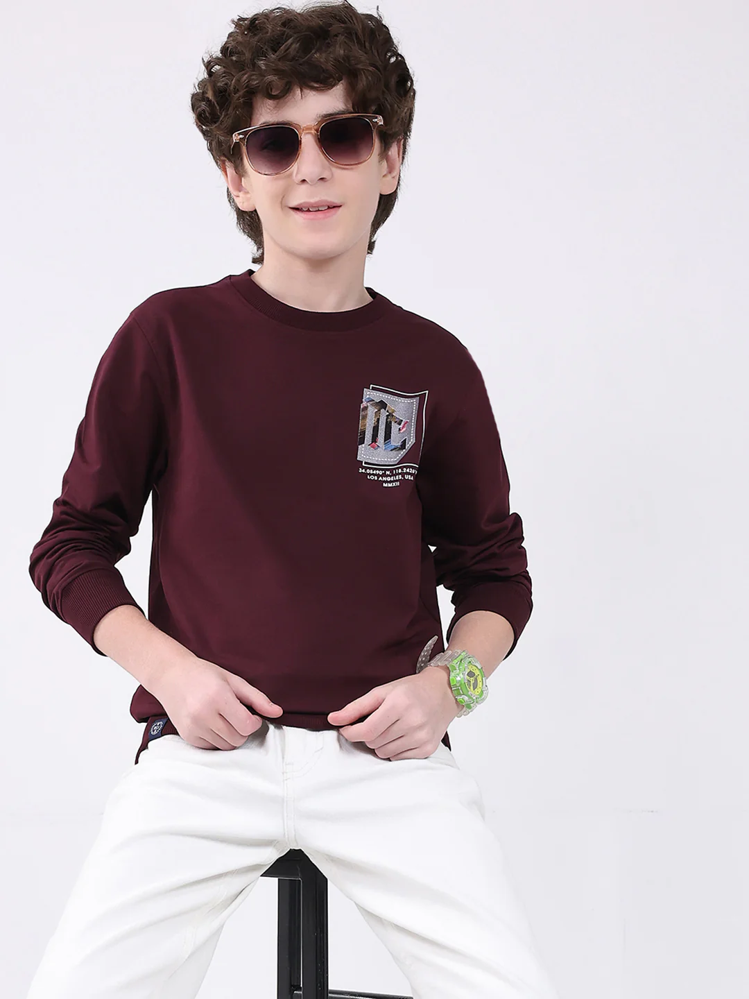 Boys Maroon Printed Round Neck Full Sleeve Winter T-Shirt - Image 6