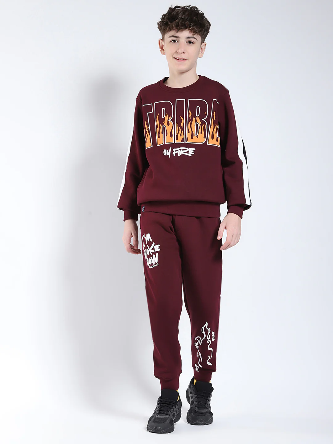 Boys Maroon Printed Round Neck Full Sleeve Winter Tracksuit