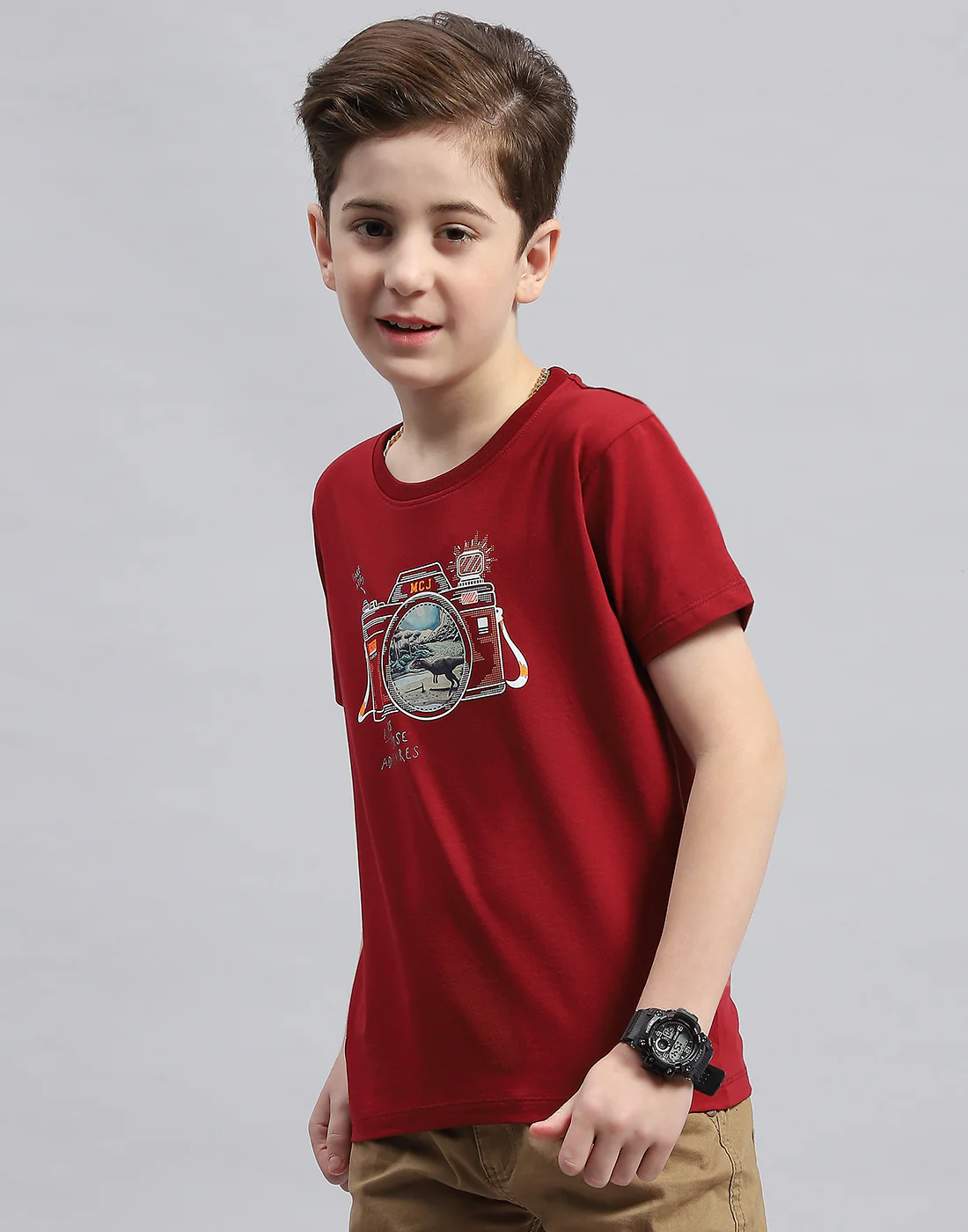 Boys Maroon Printed Round Neck Half Sleeve T-Shirt - Image 3