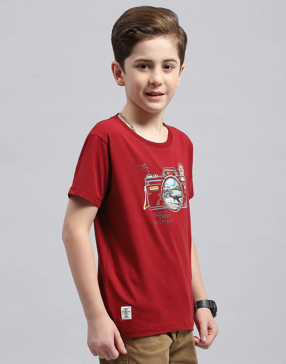 Boys Maroon Printed Round Neck Half Sleeve T-Shirt - Image 4