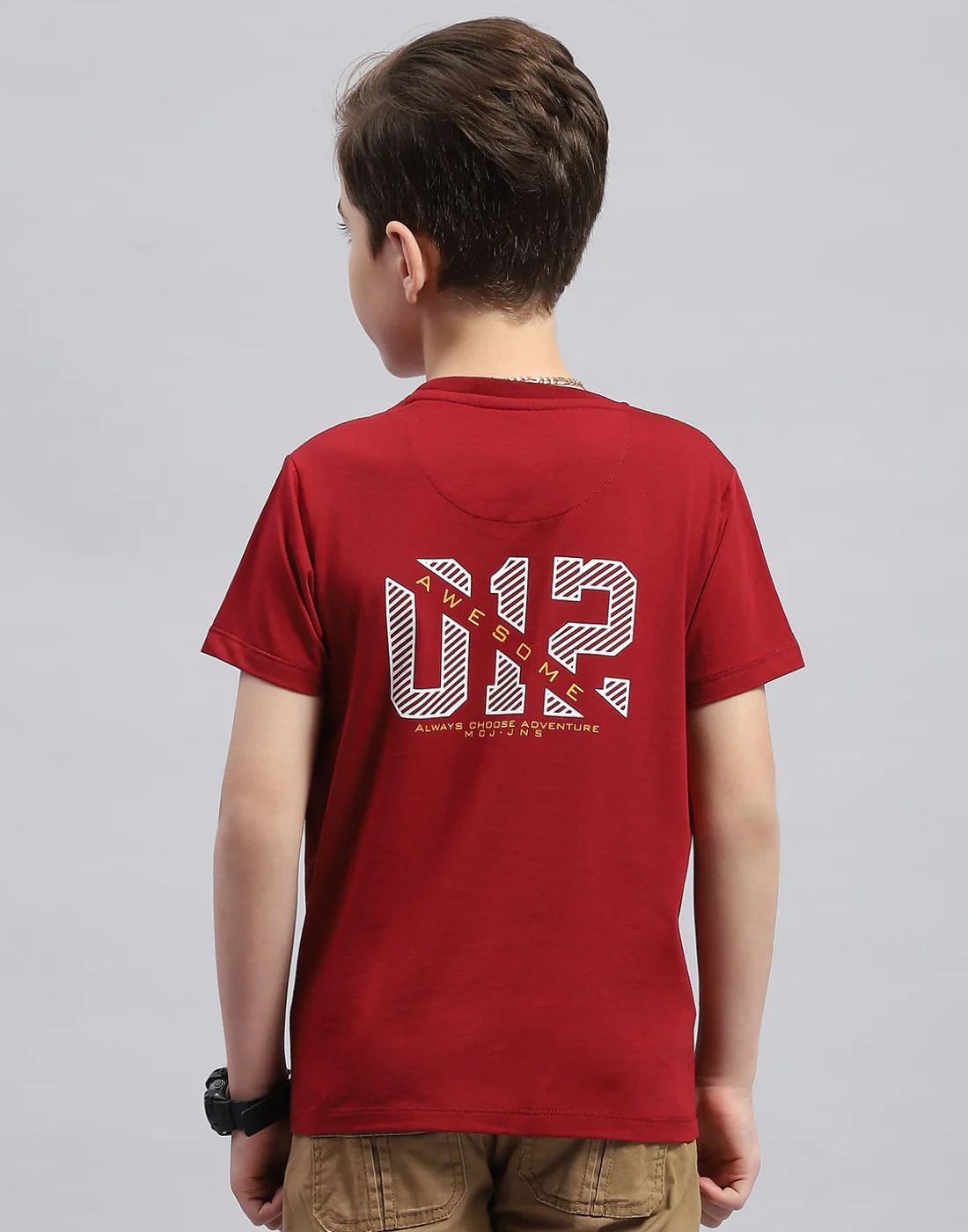 Boys Maroon Printed Round Neck Half Sleeve T-Shirt - Image 5
