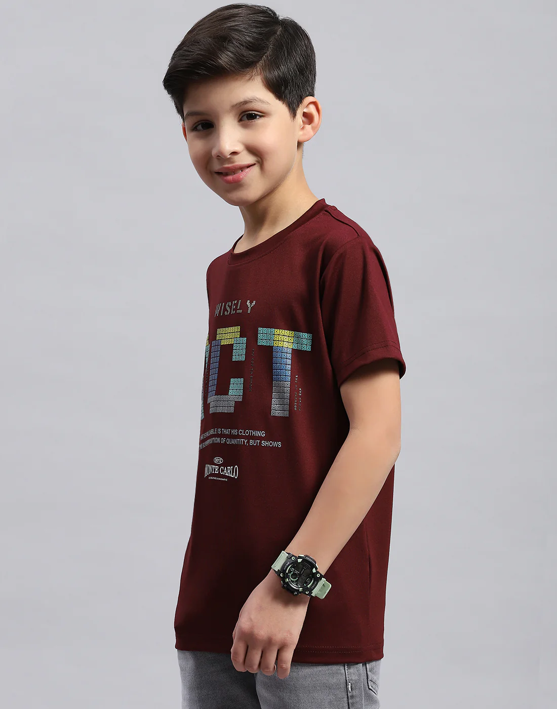 Boys Maroon Printed Round Neck Half Sleeve T-Shirt - Image 3