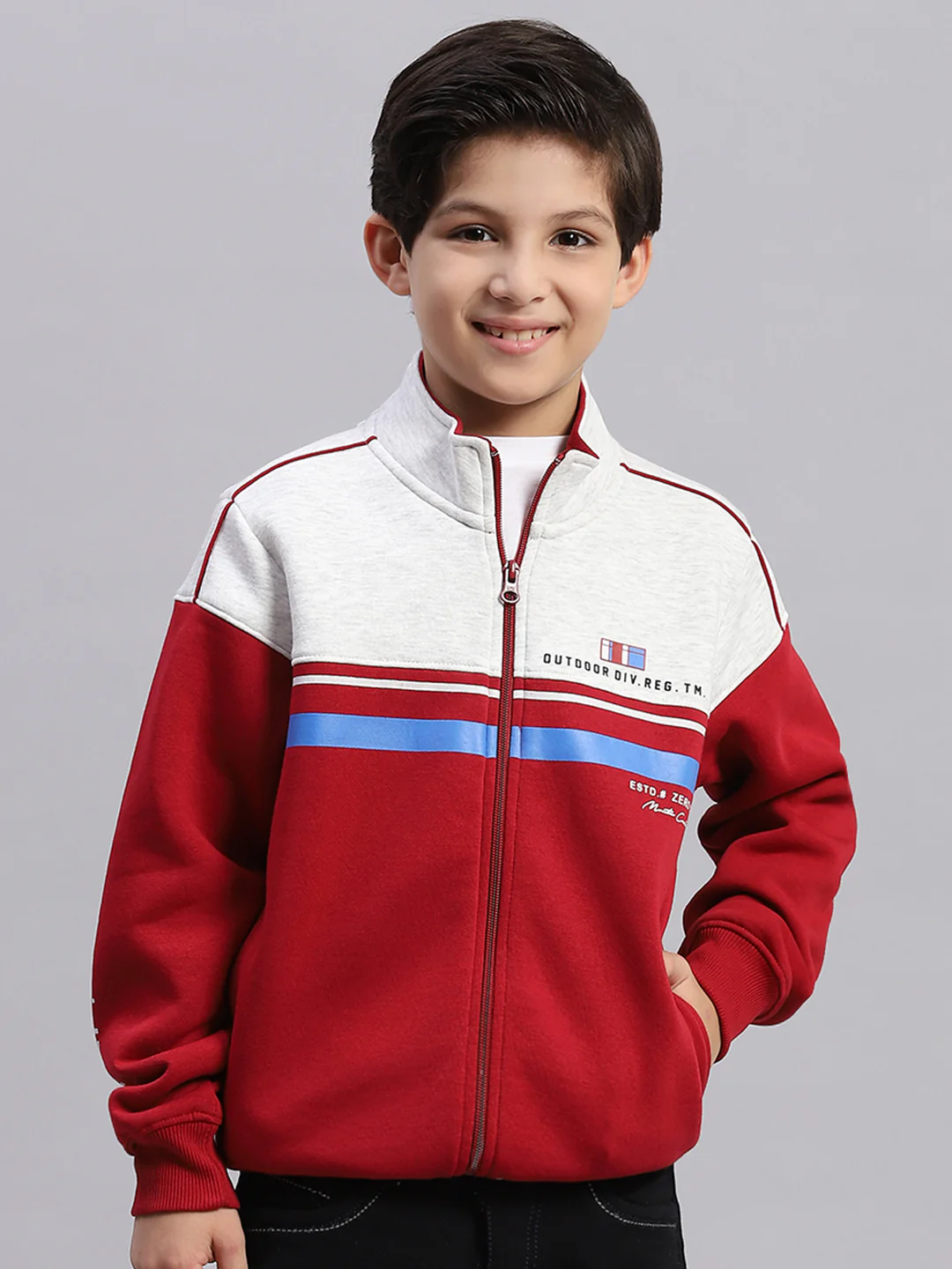 Boys Maroon Printed Stand Collar Full Sleeve Sweatshirt - Image 3
