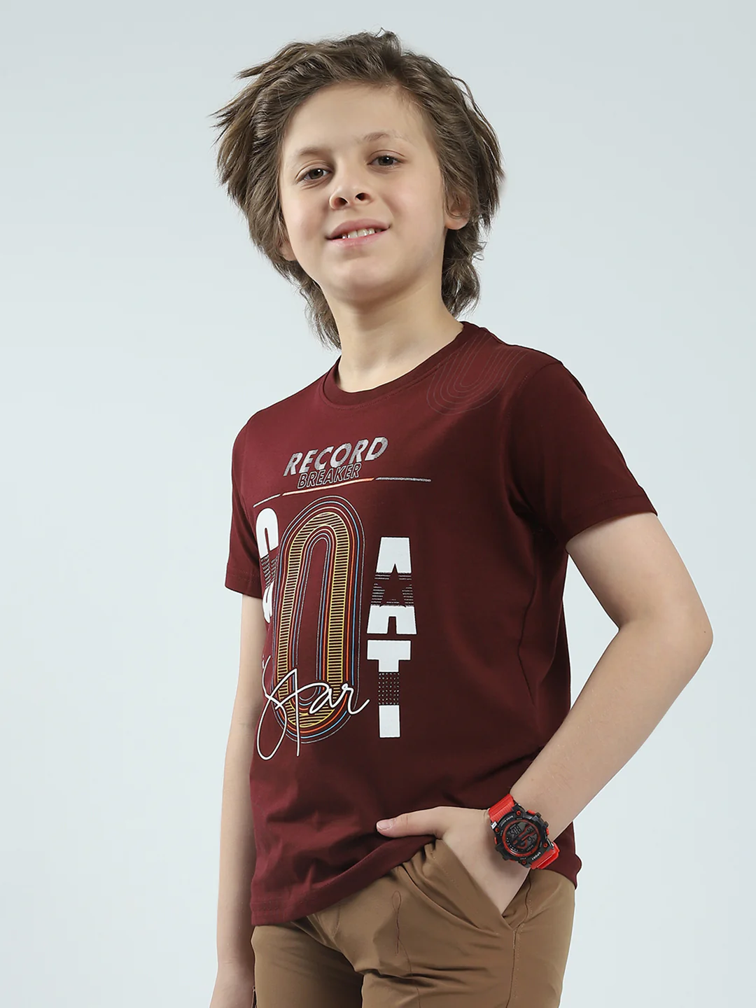 Boys Maroon Printed Round Neck Half Sleeve T-Shirt - Image 3