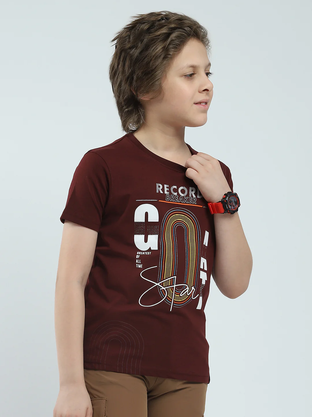 Boys Maroon Printed Round Neck Half Sleeve T-Shirt - Image 4