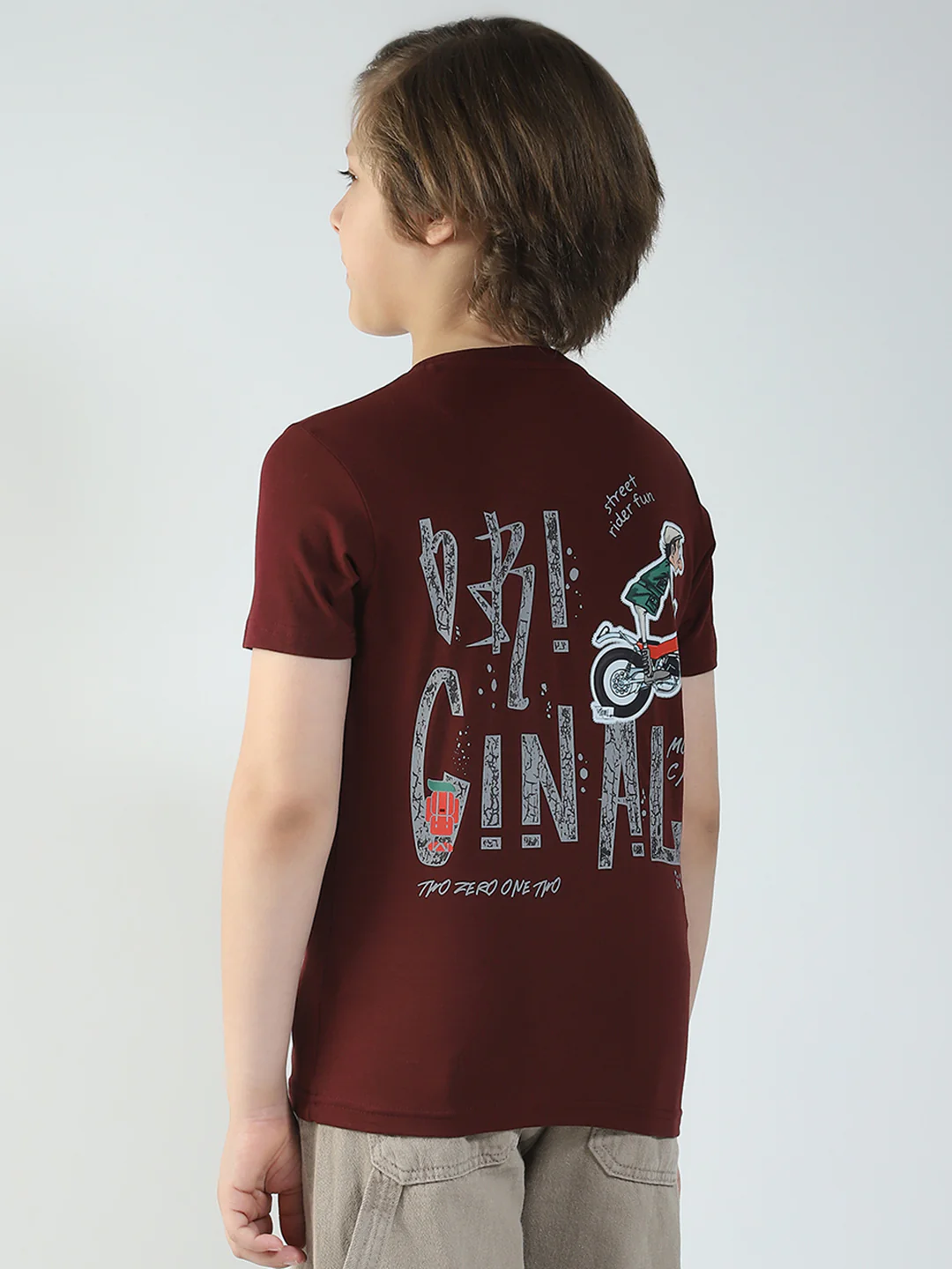 Boys Maroon Printed Round Neck Half Sleeve T-Shirt - Image 5