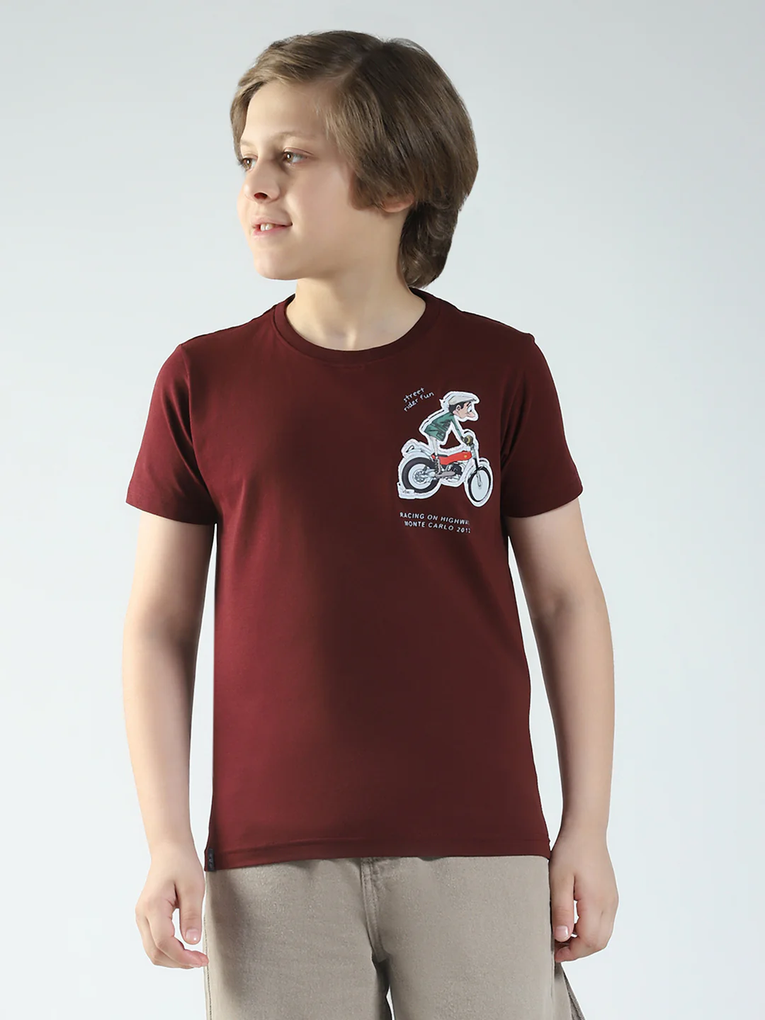Boys Maroon Printed Round Neck Half Sleeve T-Shirt - Image 6