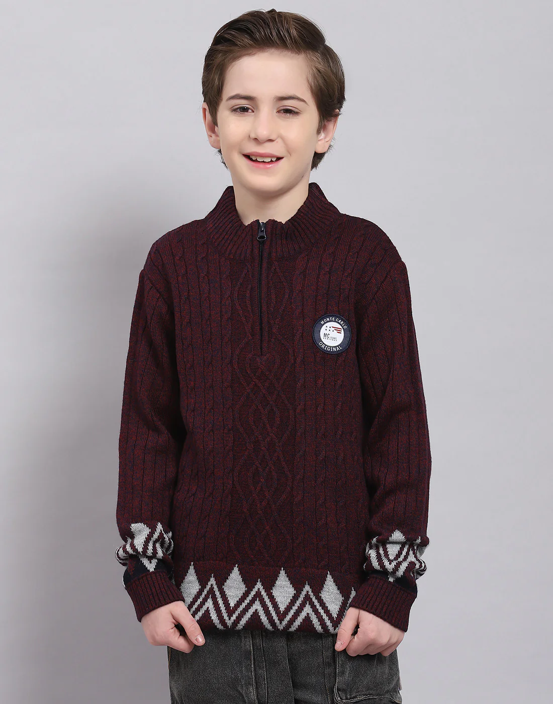 Boys Maroon Self Design Round Neck Full Sleeve Sweater - Image 2