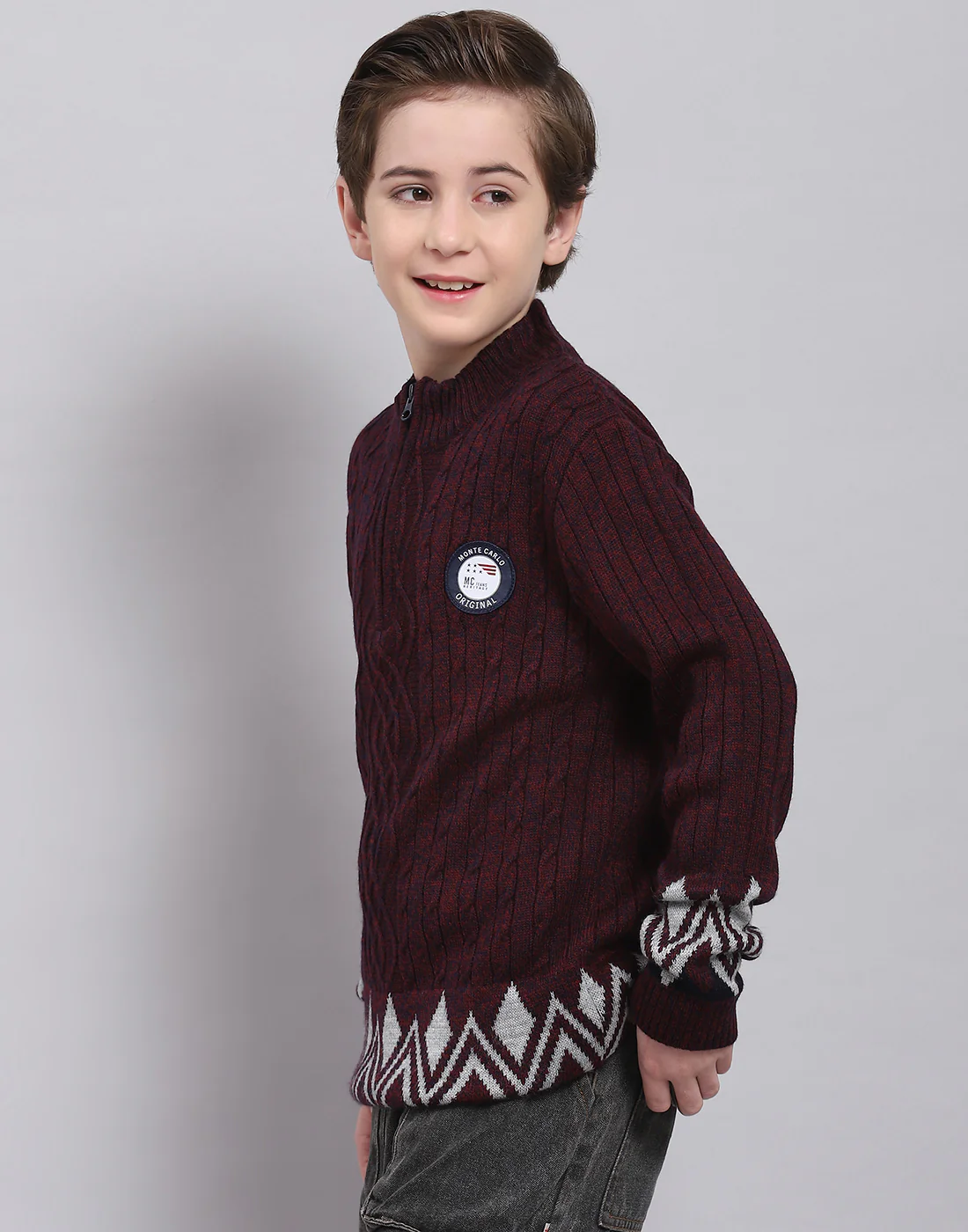 Boys Maroon Self Design Round Neck Full Sleeve Sweater - Image 3