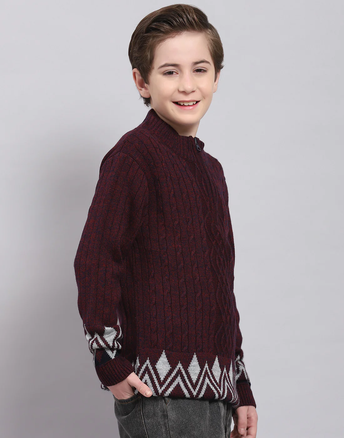 Boys Maroon Self Design Round Neck Full Sleeve Sweater - Image 4