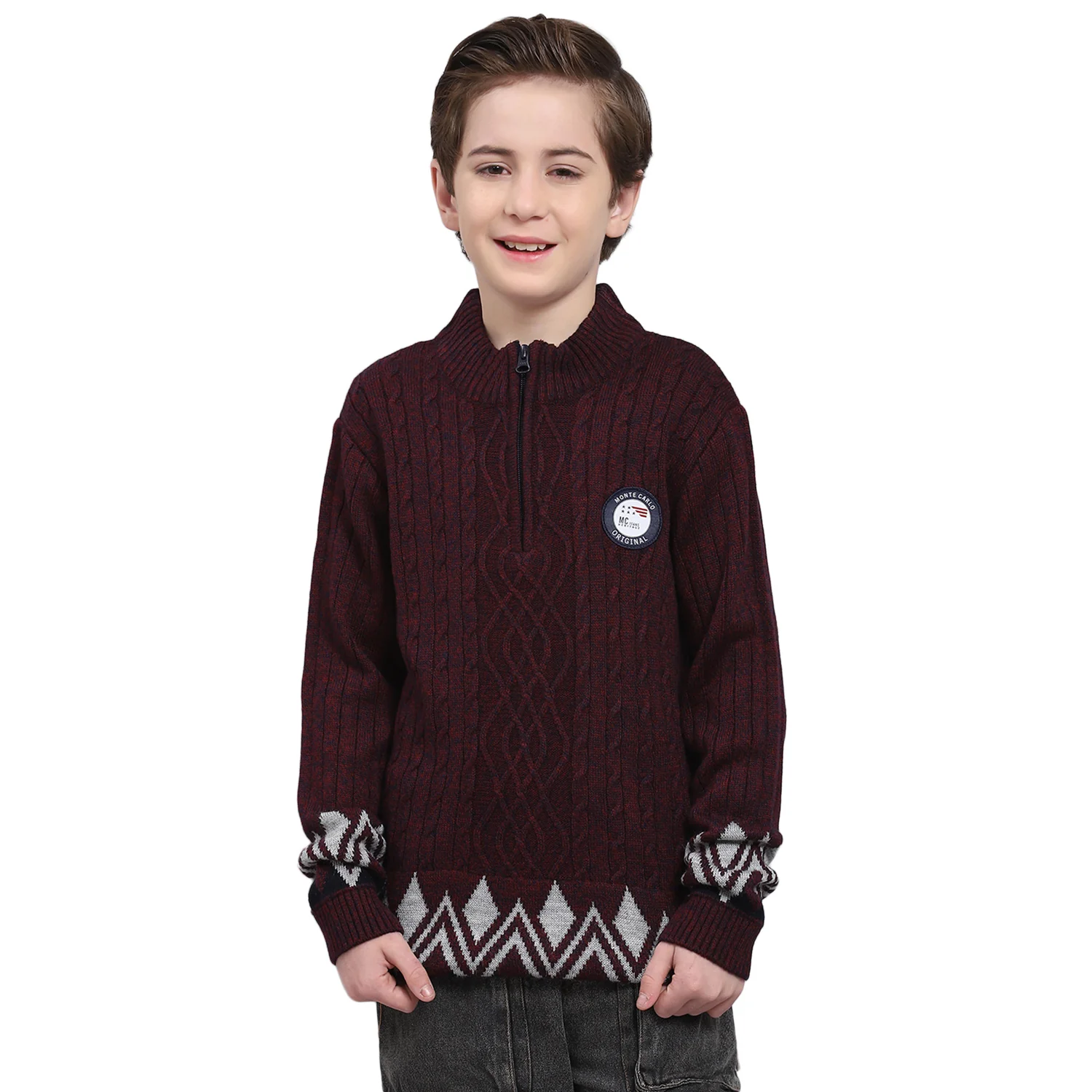 Boys Maroon Self Design Round Neck Full Sleeve Sweater - Image 5
