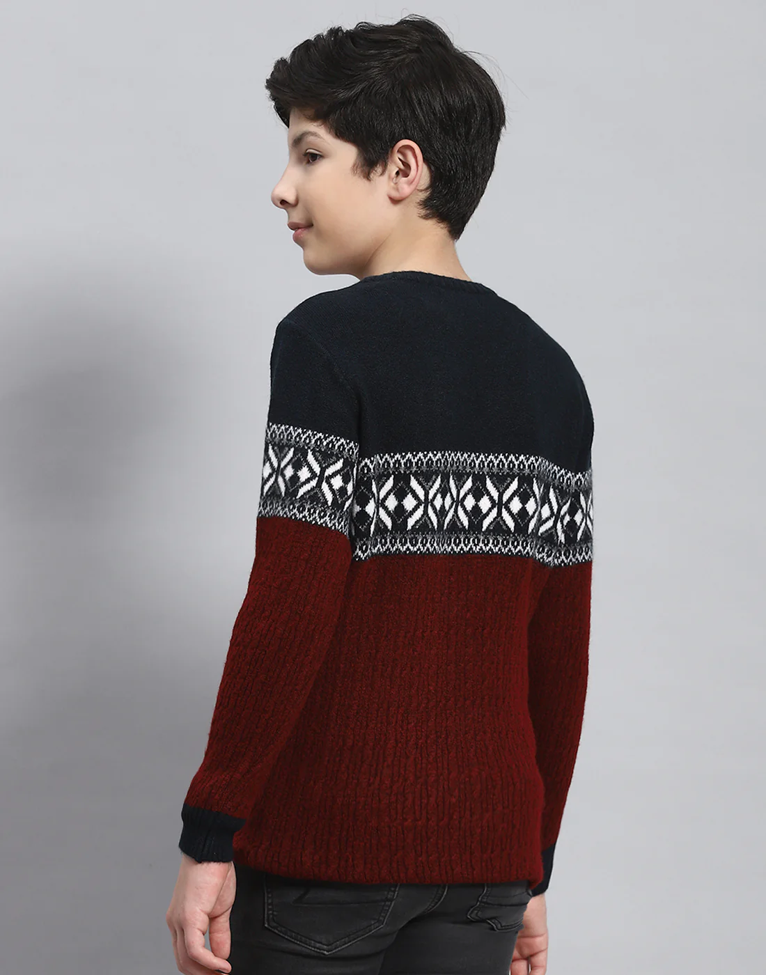Boys Maroon Self Design Round Neck Full Sleeve Sweater - Image 5