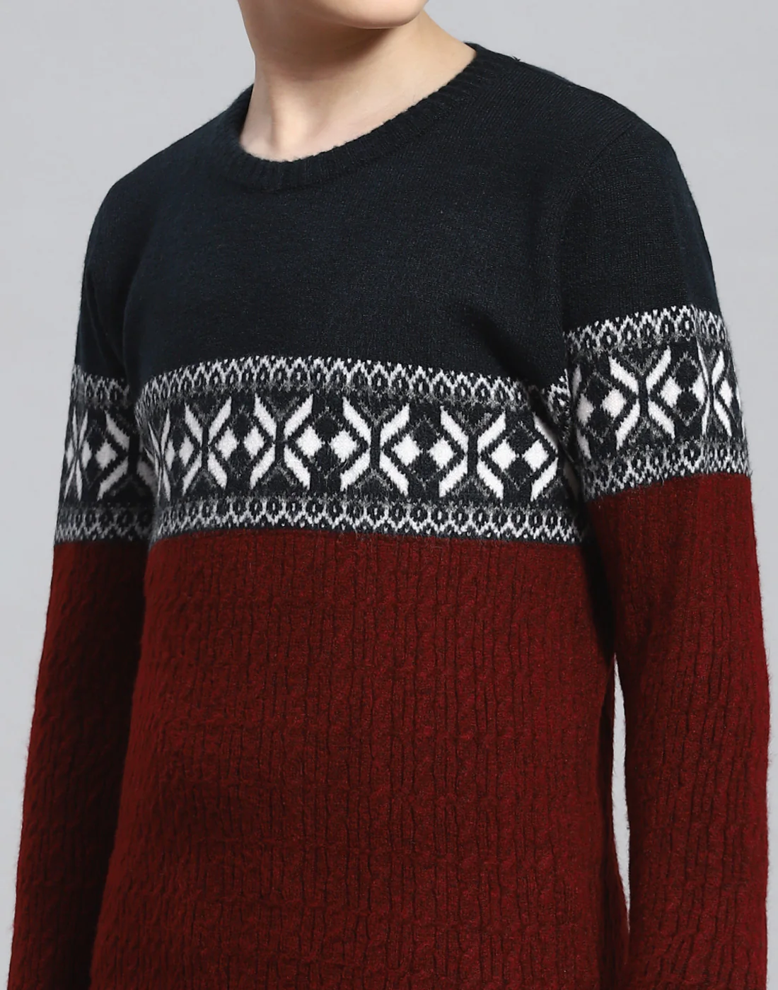 Boys Maroon Self Design Round Neck Full Sleeve Sweater - Image 7