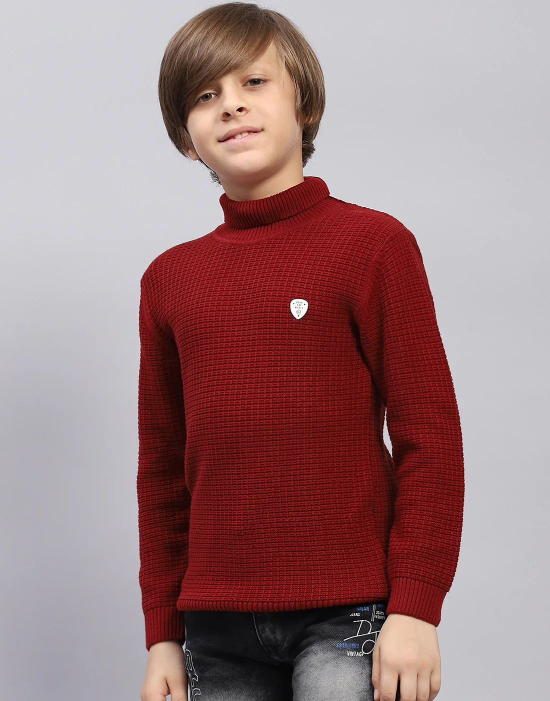 Boys Maroon Self Design Turtle Neck Full Sleeve Pullover - Image 2