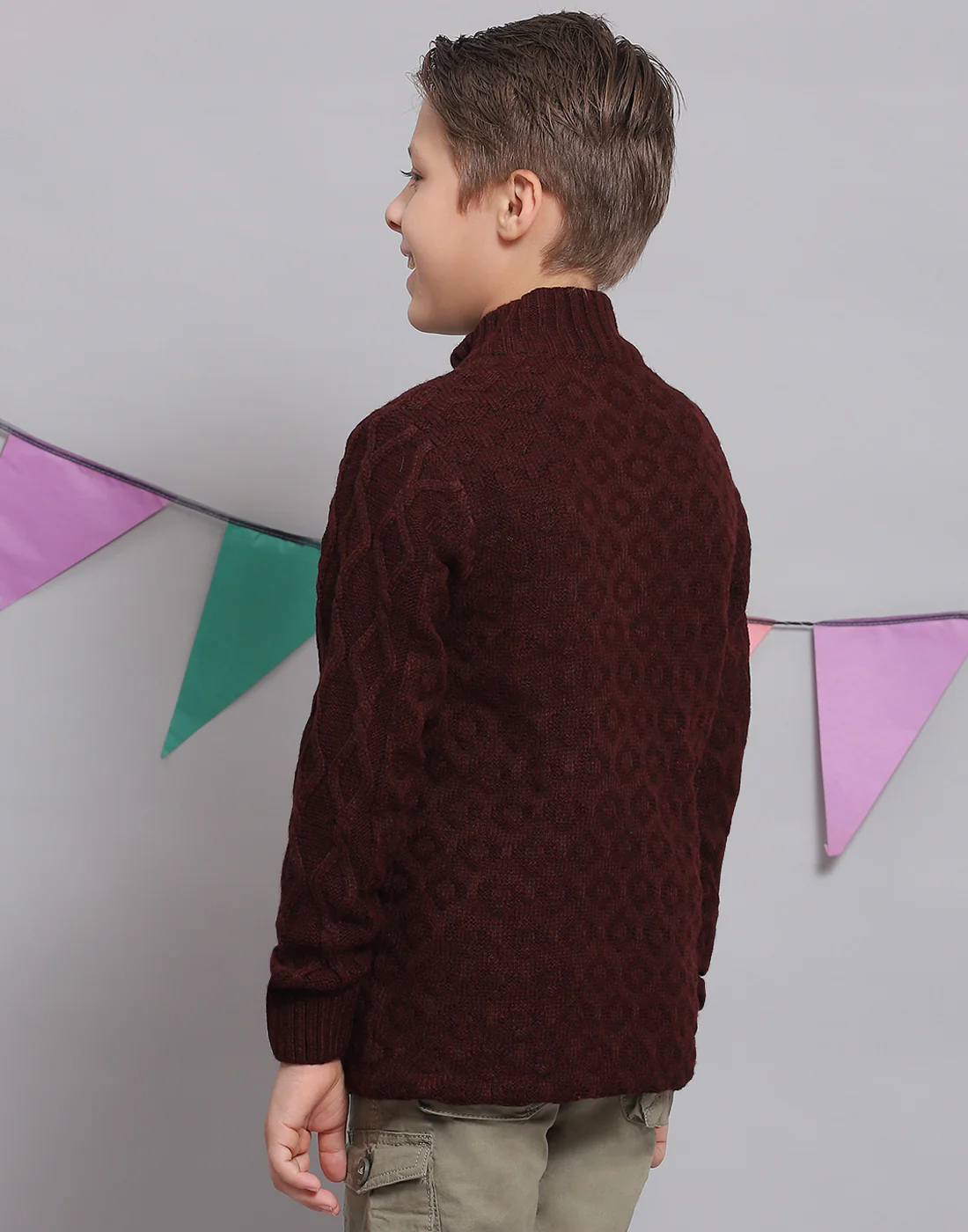 Boys Maroon Self Design H Neck Full Sleeve Sweater - Image 5