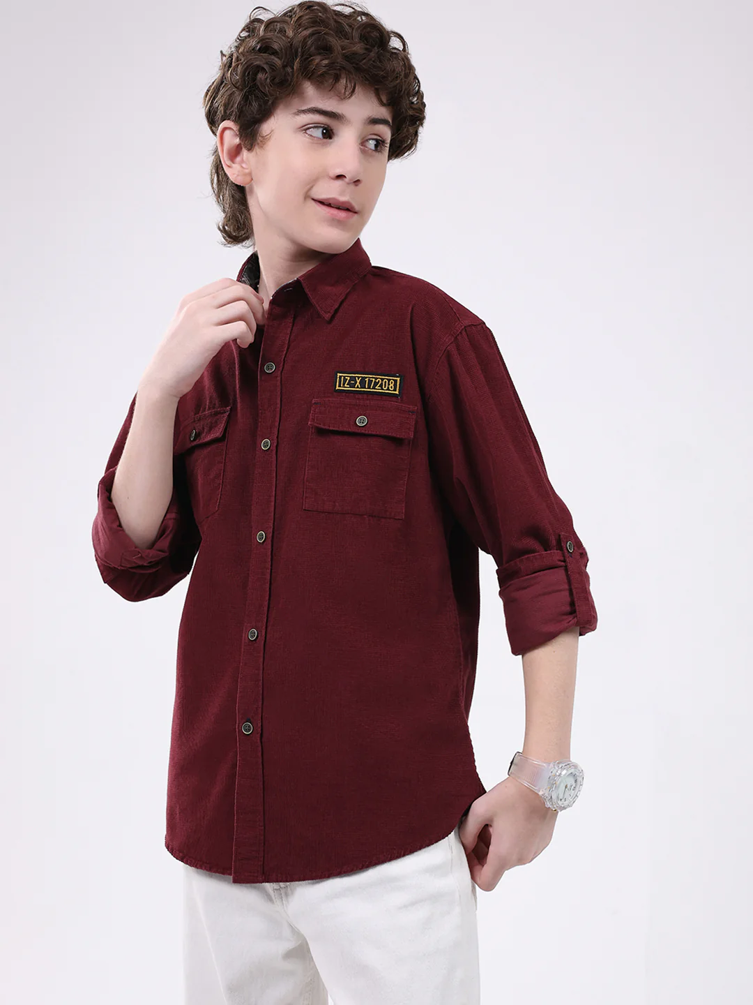 Boys Maroon Solid Collar Full Sleeve Shirt - Image 3