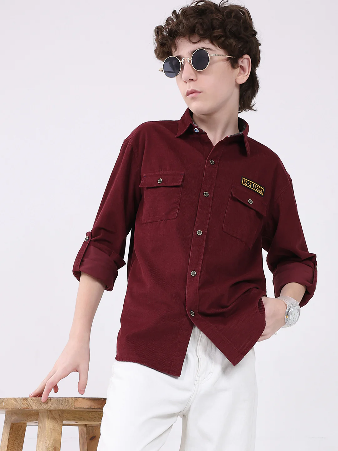 Boys Maroon Solid Collar Full Sleeve Shirt - Image 6