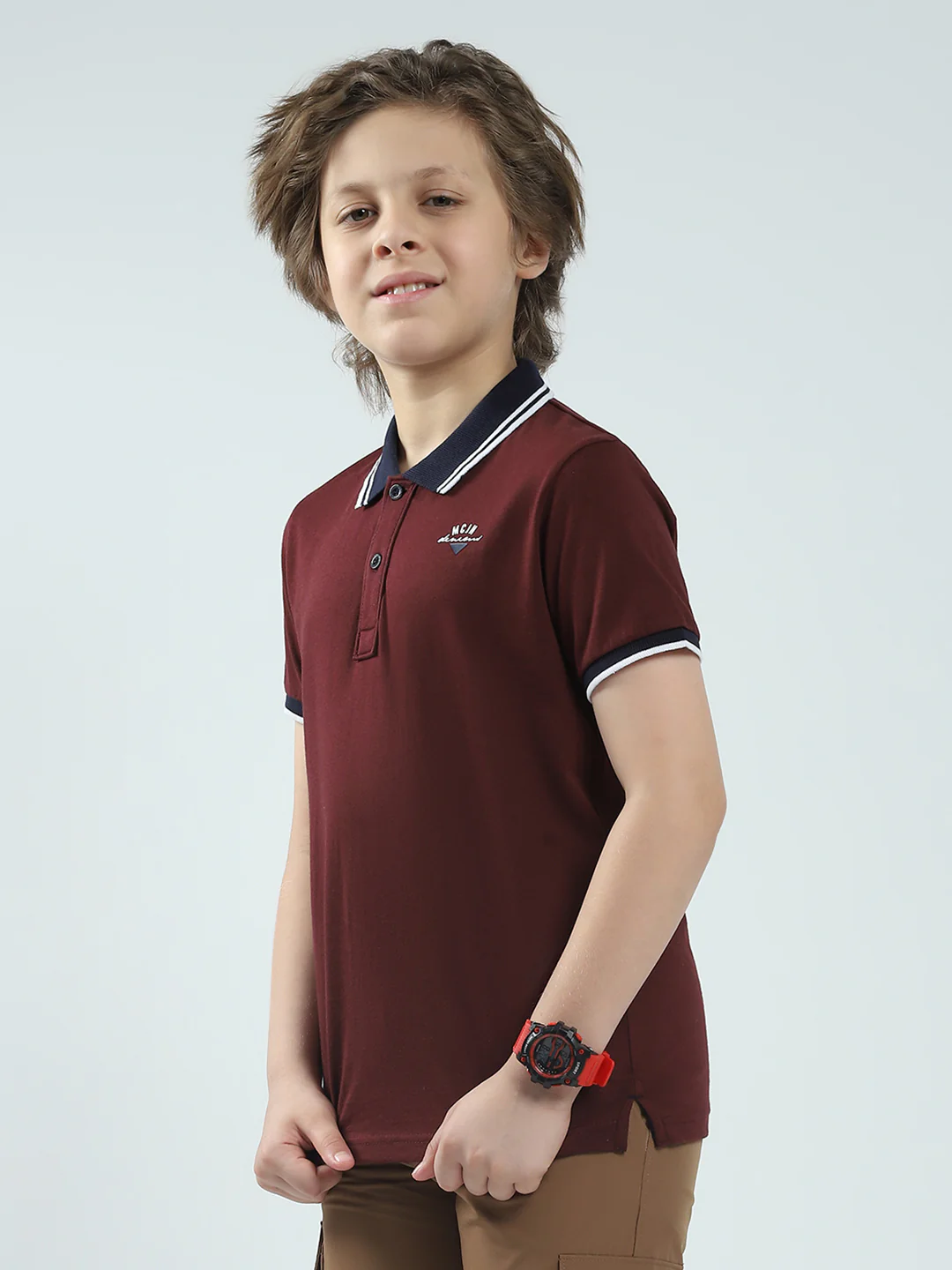 Boys Maroon Solid Collar Half Sleeve T-Shirt - Image 3
