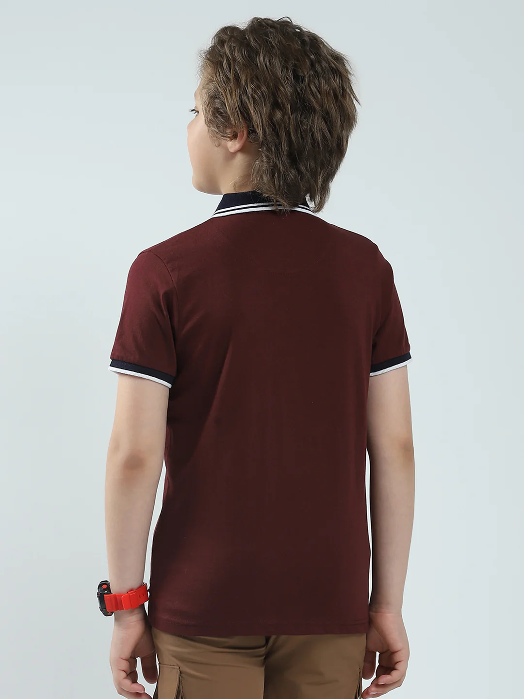 Boys Maroon Solid Collar Half Sleeve T-Shirt - Image 5