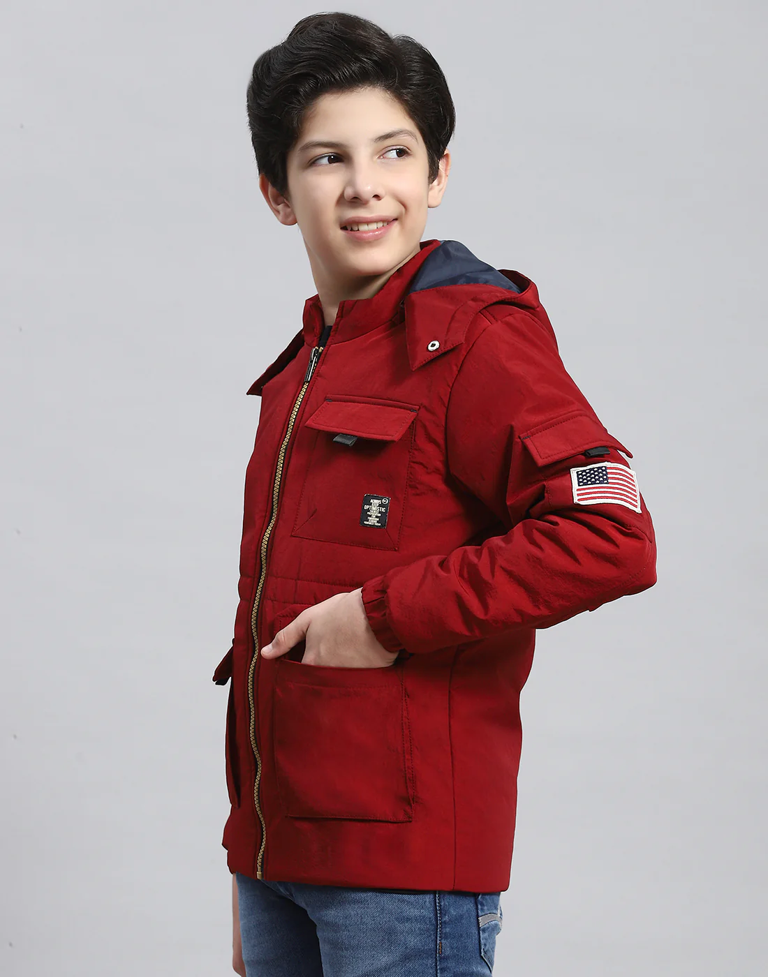 Boys Maroon Solid Hooded Full Sleeve Boys Jacket - Image 3
