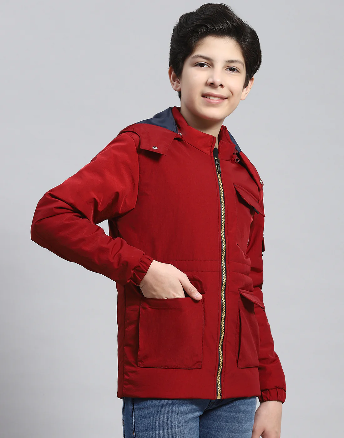 Boys Maroon Solid Hooded Full Sleeve Boys Jacket - Image 4