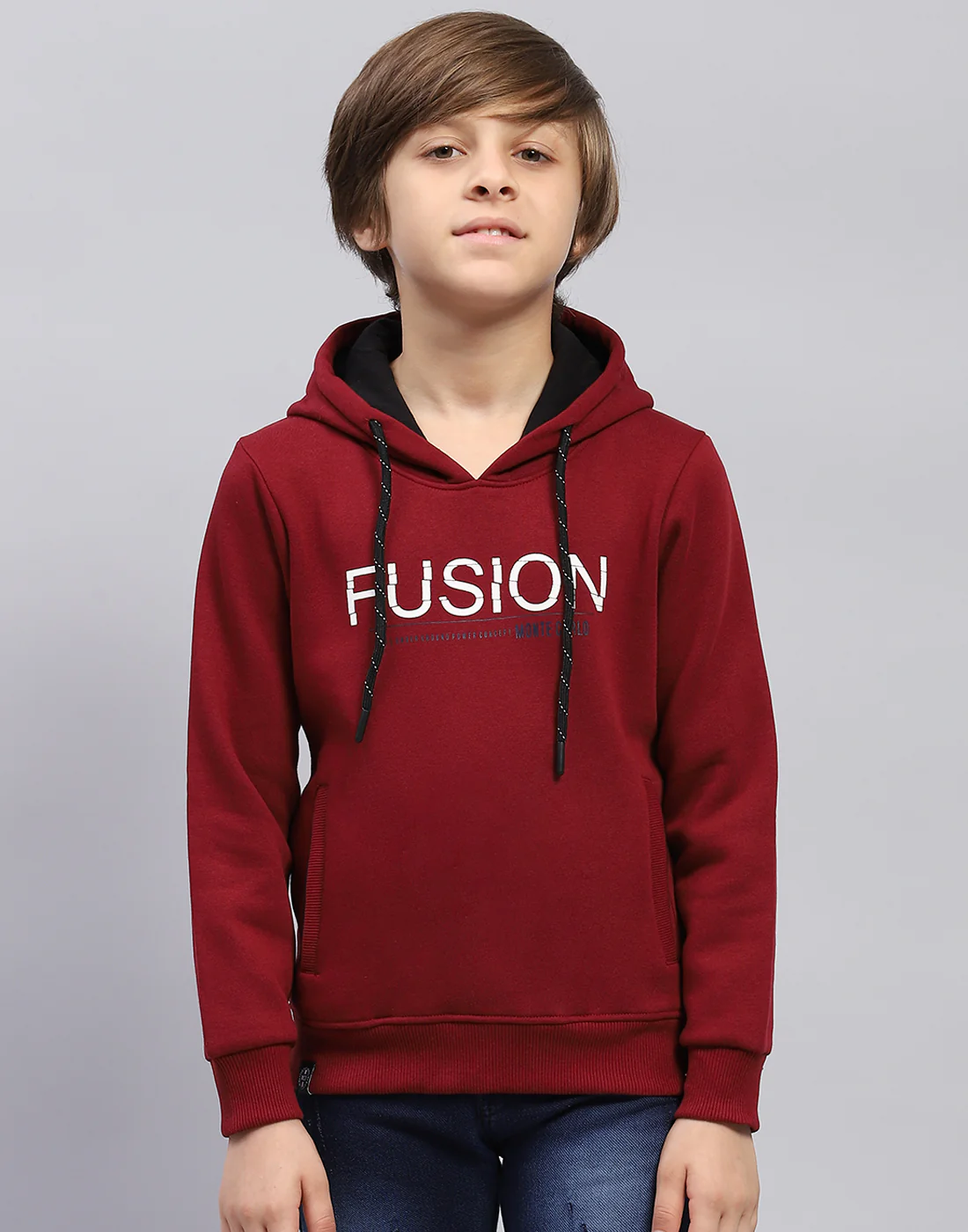 Boys Maroon Solid Hooded Full Sleeve Sweatshirt - Image 2