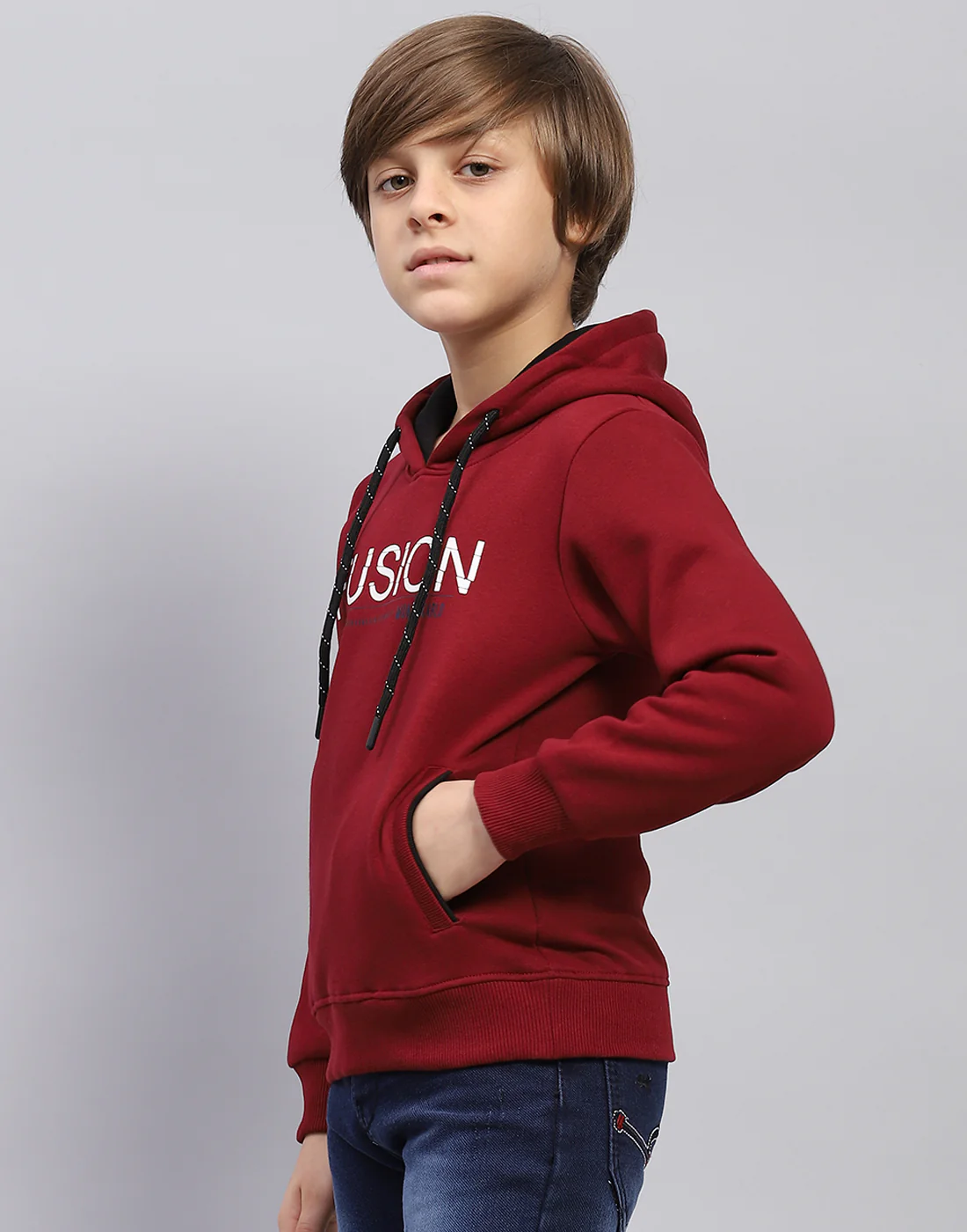 Boys Maroon Solid Hooded Full Sleeve Sweatshirt - Image 3