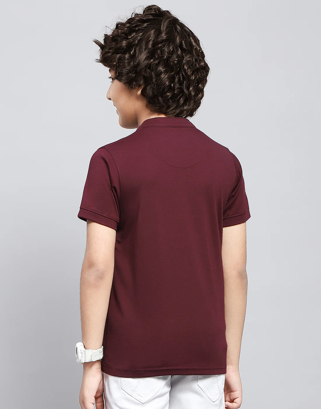 Boys Maroon Solid Mandarin Neck Half Sleeve T-Shirt - Image 5