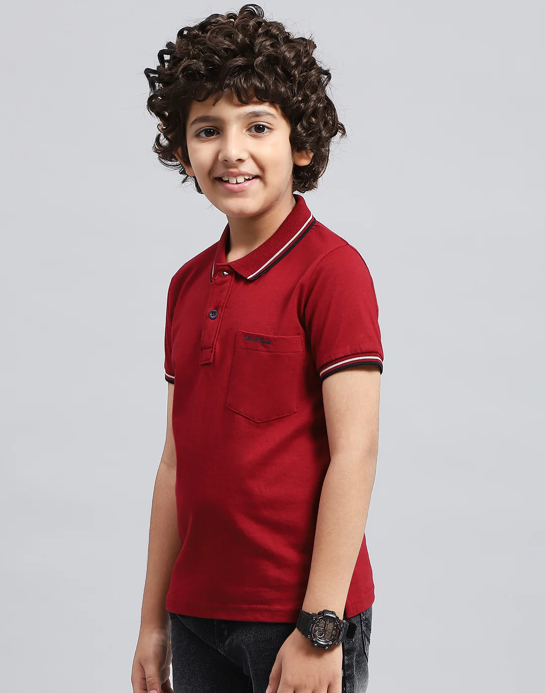 Boys Maroon Solid Polo Collar Half Sleeve T-Shirt - Image 3