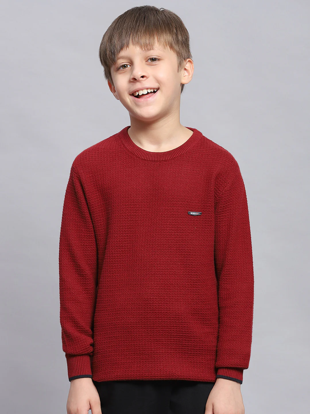 Boys Maroon Solid Round Neck Full Sleeve Sweater - Image 2