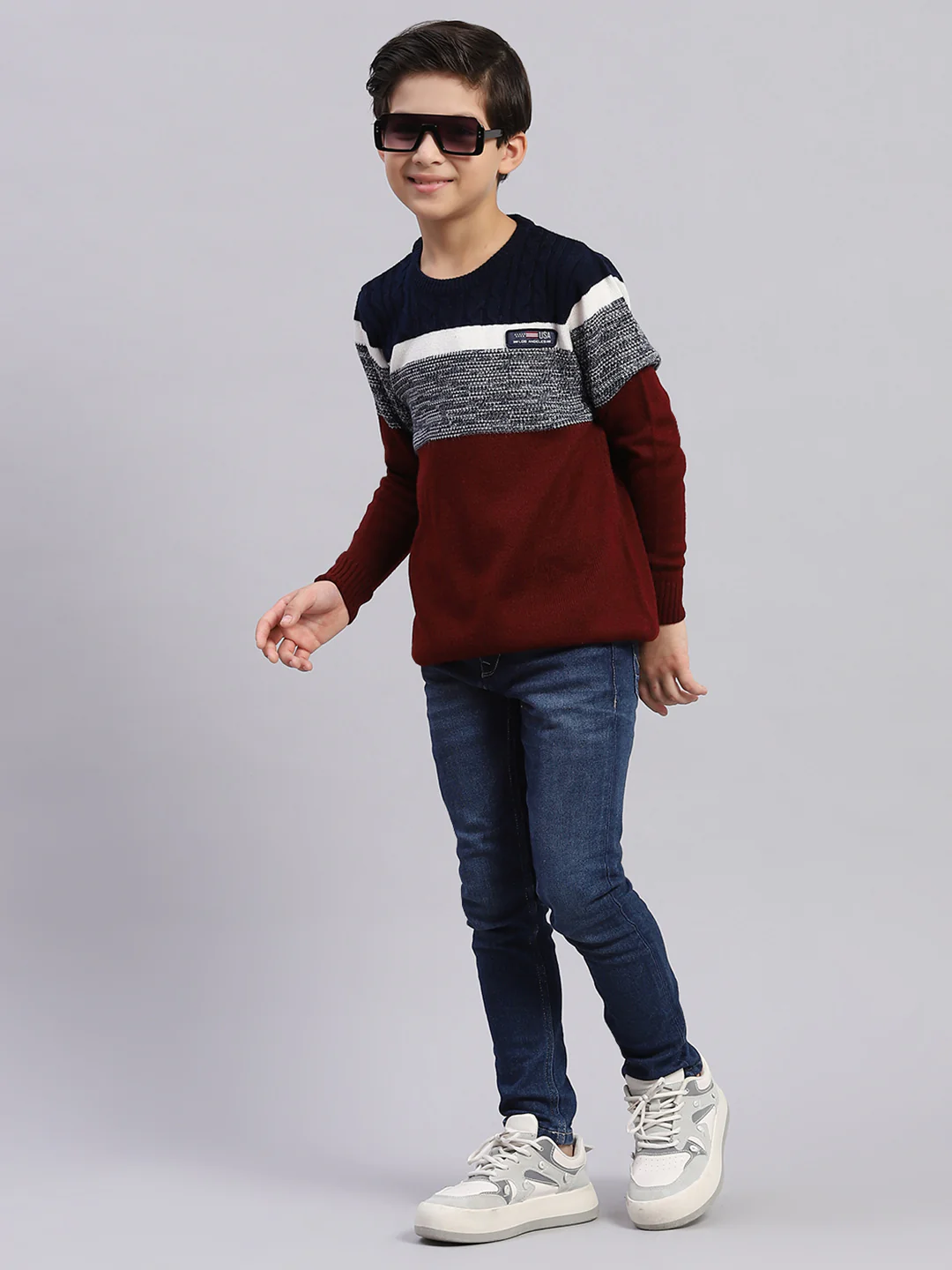 Boys Maroon Stripe Round Neck Full Sleeve Sweater - Image 2