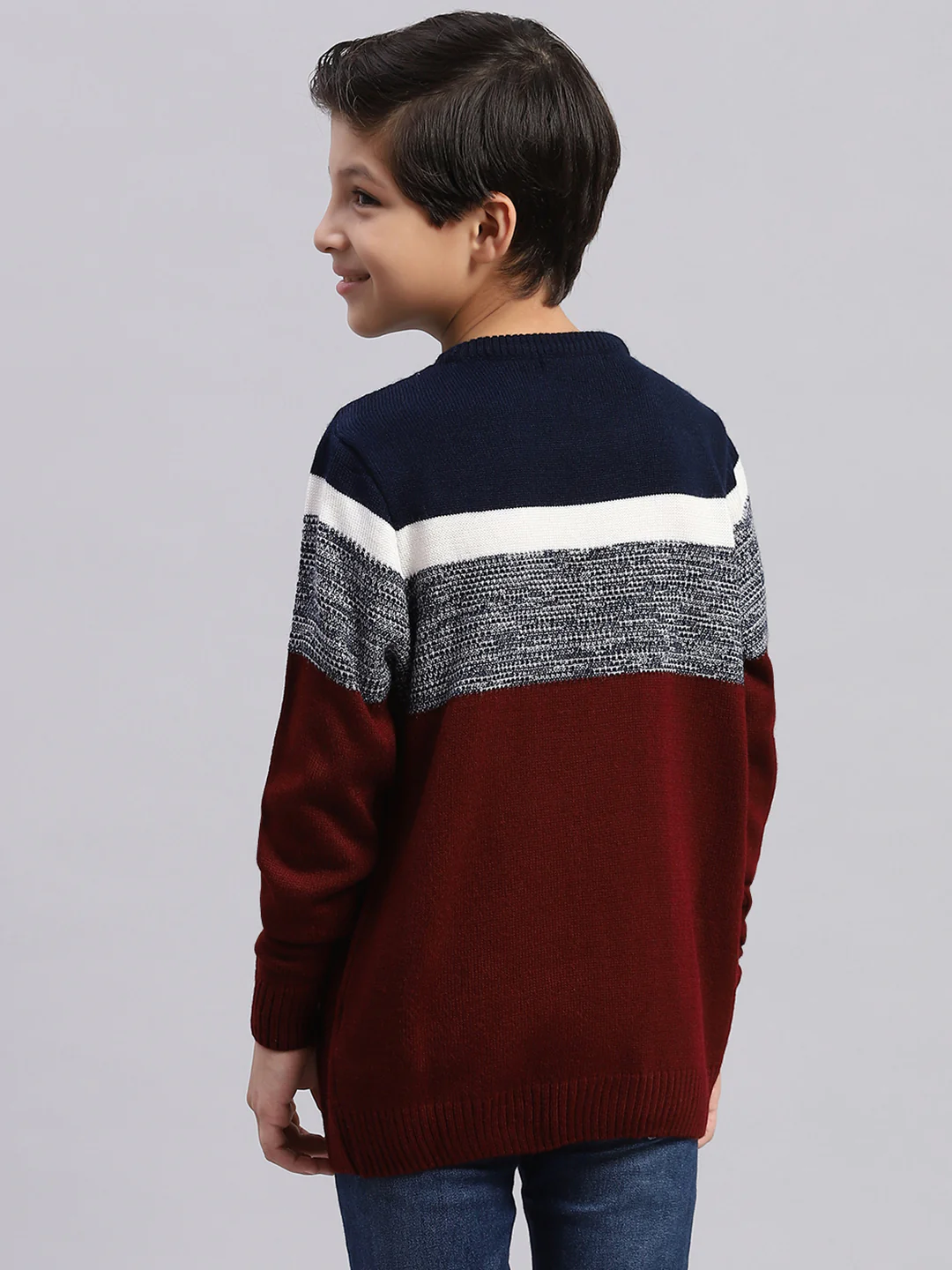 Boys Maroon Stripe Round Neck Full Sleeve Sweater - Image 5